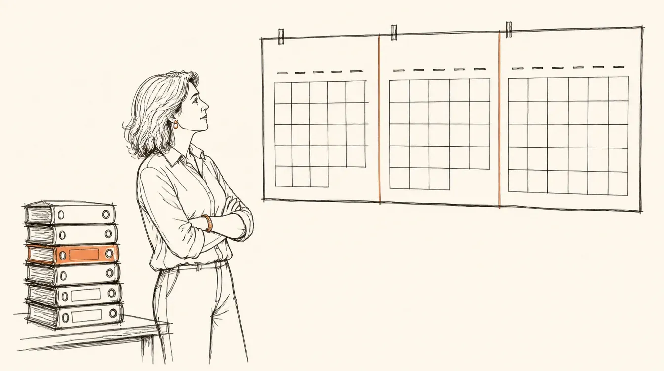 Eine Frau steht in einem Büro vor einem Wandkalender, der drei Monate zeigt, daneben ein Stapel Aktenordner.
