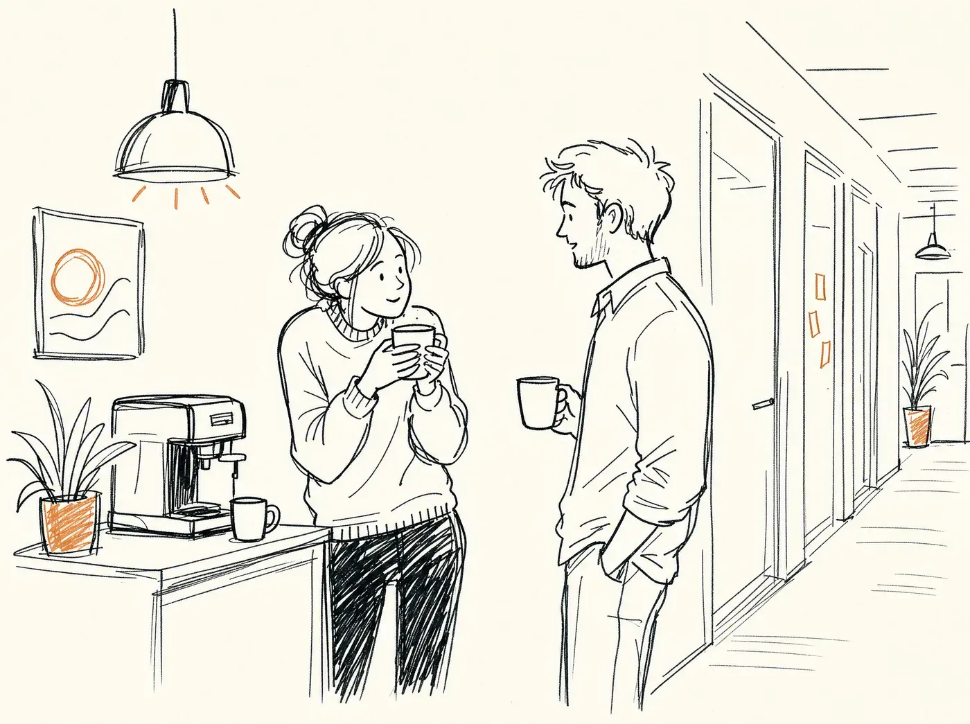 Zwei Menschen stehen an einer Kaffeemaschine in einem Büroflur, eine Person hält ihre Tasse mit beiden Händen und beugt sich leicht vor, die andere hört zu, die Szene wirkt vertraulich und beiläufig zugleich; keinerlei lesbare Schrift oder Beschriftung im Bild